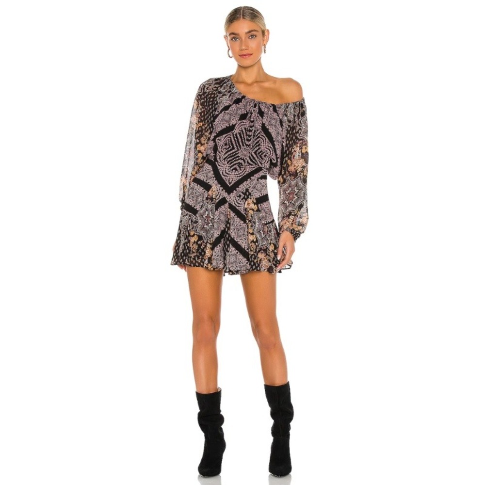 Free People Seven‎ Wonders Mini Dress Black Paisley Boho Size Large NWT